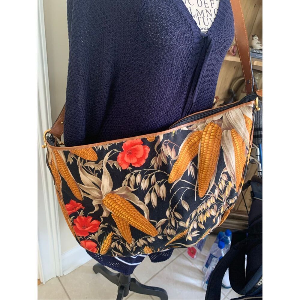 Vintage Dillards Canvas & Leather Tote Shoulder Bag Crossbody ITALY Corn Flowers